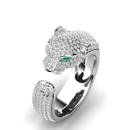 Adjustable Silver-tone and Rose Gold-tone Jaguar Ring with Green Cubic Zirconia Eyes