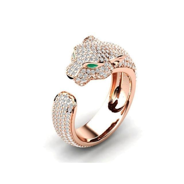 Adjustable Silver-tone and Rose Gold-tone Jaguar Ring with Green Cubic Zirconia Eyes