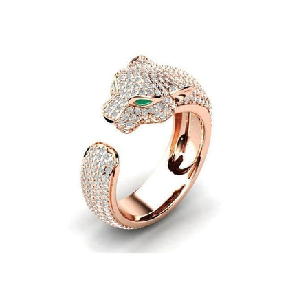 Adjustable Silver-tone and Rose Gold-tone Jaguar Ring with Green Cubic Zirconia Eyes