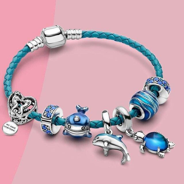 Ocean Style Bracelet + Included Charms in Leather and Silver-tone