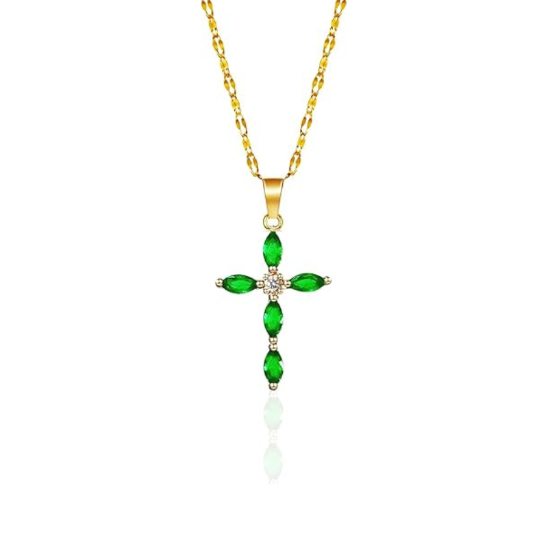 Emerald Cross Necklace | Gold-tone
