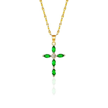 Emerald Cross Necklace | Gold-tone