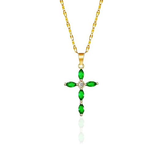 Emerald Cross Necklace | Gold-tone